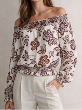 Tory Burch floral off the shoulder smocked boho preppy garden truffle top sz XS